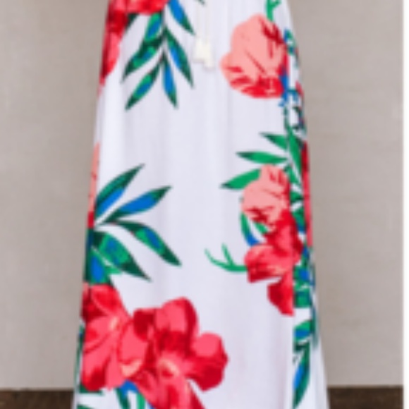 Women's White & Red Drawstring Waist Floral Printed Maxi Skirt - Picture 3 of 3